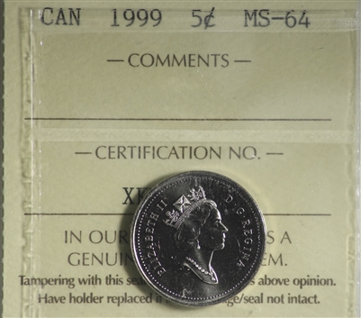 1999 Canada 5-cents ICCS Certified MS-64