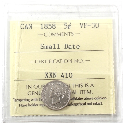 1858 Small Date Canada 5-cents ICCS Certified VF-30