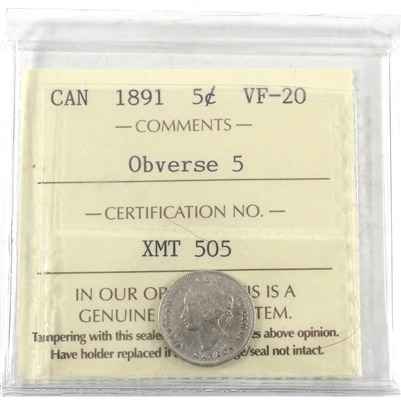 1891 Obv. 5 Canada 5-cents ICCS Certified VF-20