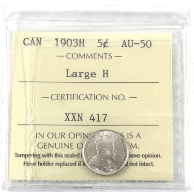 1903H Large H Canada 5-cents ICCS Certified AU-50