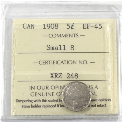 1908 Small 8 Canada 5-cents ICCS Certified EF-45