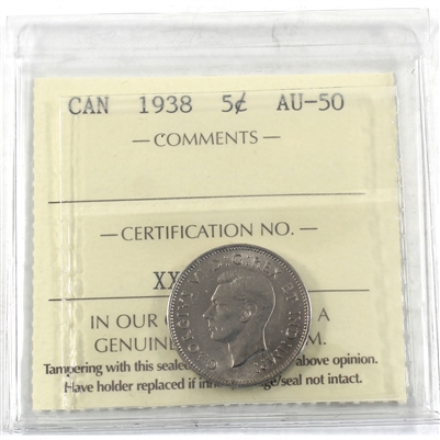 1938 Canada 5-cents ICCS Certified AU-50