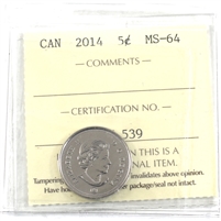 2014 Canada 5-cents ICCS Certified MS-64