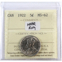 1922 Near Rim Canada 5-cents ICCS Certified MS-62