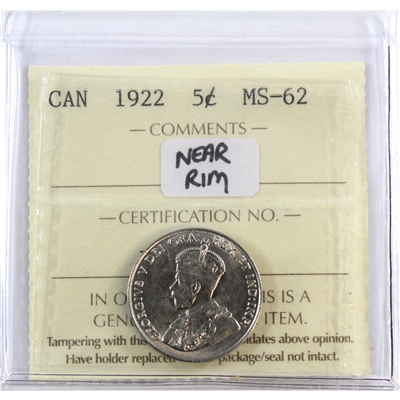 1922 Near Rim Canada 5-cents ICCS Certified MS-62