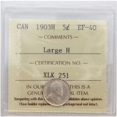 1903H Large H Canada 5-cents ICCS Certified EF-40