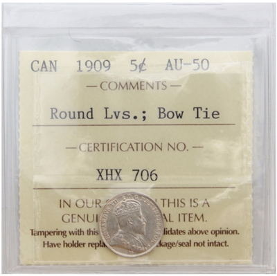1909 Round Leaves, Bow Tie Canada 5-cents ICCS Certified AU-50