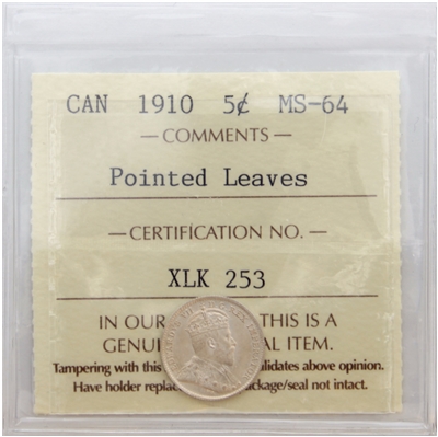 1910 Pointed Leaves Canada 5-cents ICCS Certified MS-64 (XLK 253)
