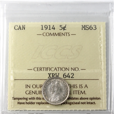 1914 Canada 5-cents ICCS Certified MS-63 (XRW 642)