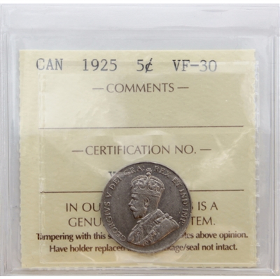 1925 Canada 5-cents ICCS Certified VF-30