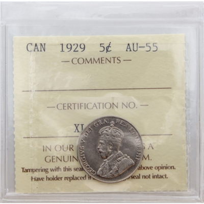 1929 Canada 5-cents ICCS Certified AU-55