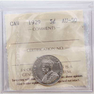 1929 Canada 5-cents ICCS Certified AU-50