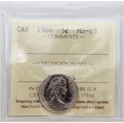 1966 Canada 5-cents ICCS Certified MS-65 (XJG 704)