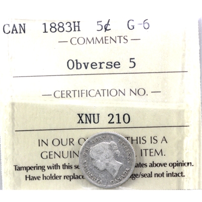 1883H Obv. 5 Canada 5-cents ICCS Certified G-6