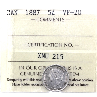 1887 Canada 5-cents ICCS Certified VF-20