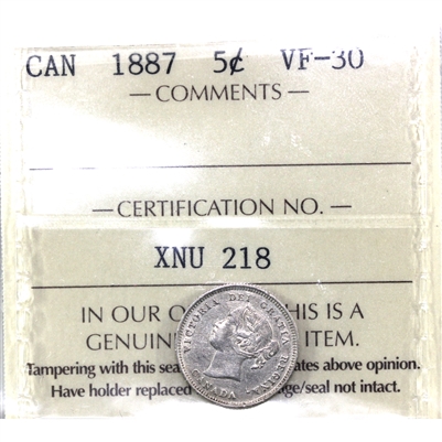 1887 Canada 5-cents ICCS Certified VF-30 (XNU 218)