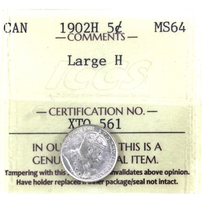 1902H Large H Canada 5-cents ICCS Certified MS-64 (XTQ 561)