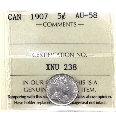 1907 Canada 5-cents ICCS Certified AU-58