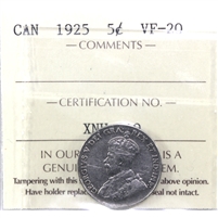 1925 Canada 5-cents ICCS Certified VF-20