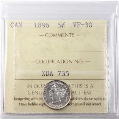 1896 Canada 5-cents ICCS Certified VF-30