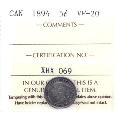 1894 Canada 5-cents ICCS Certified VF-20