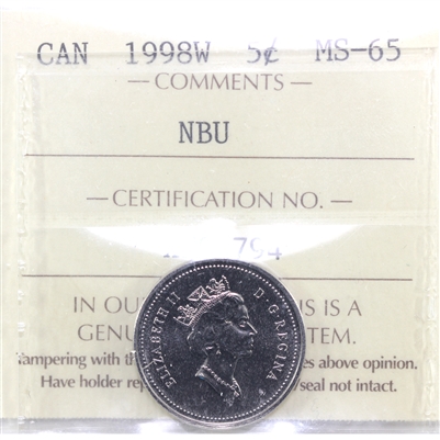 1998W Canada 5-cents ICCS Certified MS-65 NBU