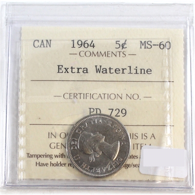 1964 Extra Water Line Canada 5-cents ICCS Certified MS-60