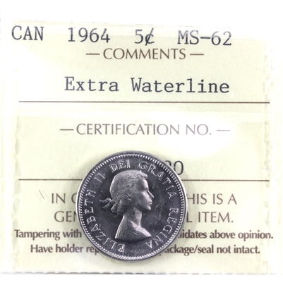 1964 Extra Water Line Canada 5-cents ICCS Certified MS-62