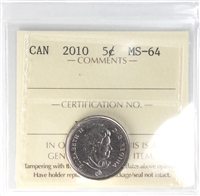 2010 Canada 5-cents ICCS Certified MS-64