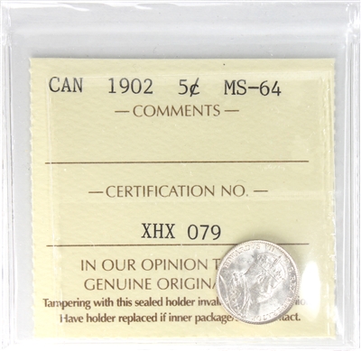 1902 Canada 5-cents ICCS Certified MS-64 (XHX 079)