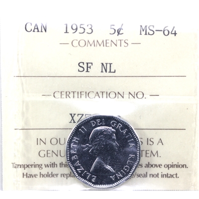 1953 SF NL Canada 5-cents ICCS Certified MS-64