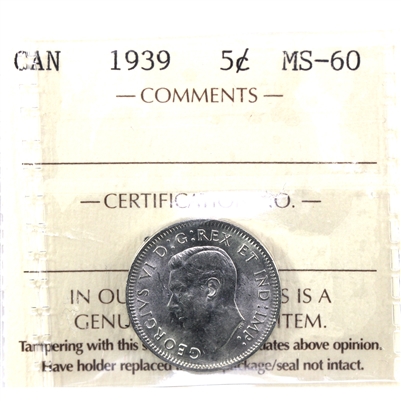1939 Canada 5-cents ICCS Certified MS-60 (SK 961)