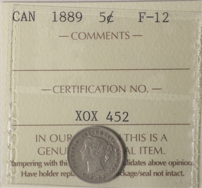 1889 Canada 5-cents ICCS Certified F-12