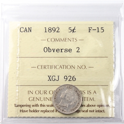 1892 Obv. 2 Canada 5-cents ICCS Certified F-15