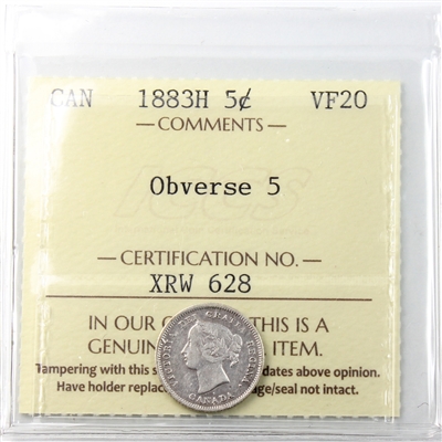 1883H Obv. 5 Canada 5-cents ICCS Certified VF-20