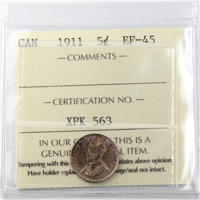 1911 Canada 5-cents ICCS Certified EF-45