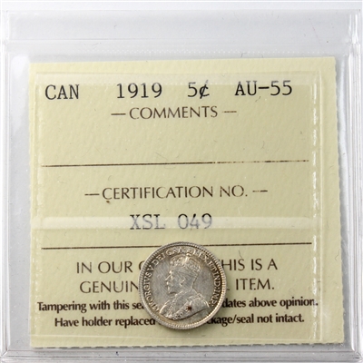 1919 Canada 5-cents ICCS Certified AU-55