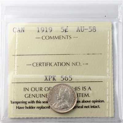 1919 Canada 5-cents ICCS Certified AU-58