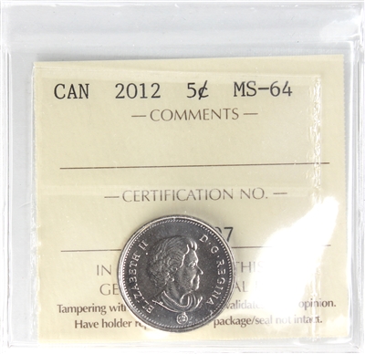 2012 Canada 5-cents ICCS Certified MS-64