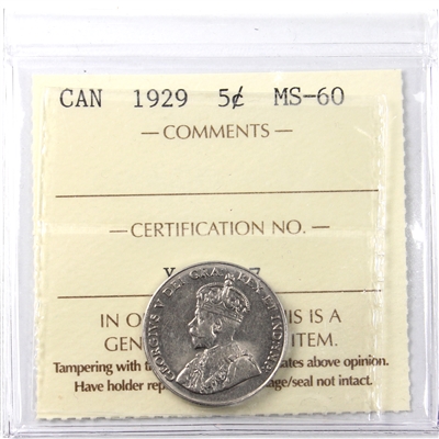 1929 Canada 5-cents ICCS Certified MS-60