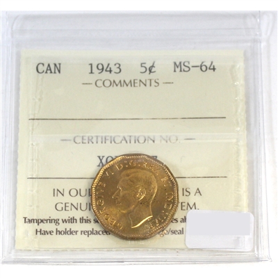 1943 Tombac Canada 5-cents ICCS Certified MS-64