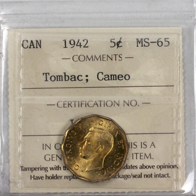 1942 Tombac Canada 5-cents ICCS Certified MS-65 Cameo
