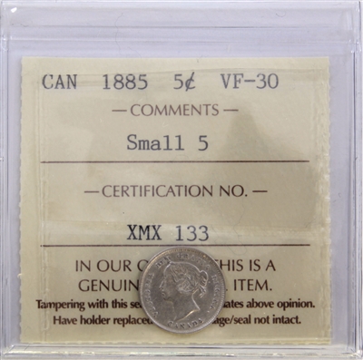 1885 Small 5 Canada 5-cents ICCS Certified VF-30