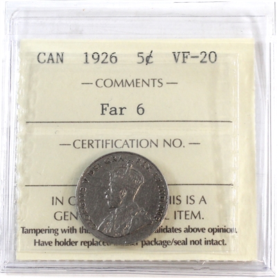 1926 Far 6 Canada 5-cents ICCS Certified VF-20