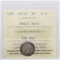 1875H Small Date Canada 5-cents ICCS Certified G4