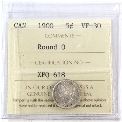 1900 Round 0's Canada 5-cents ICCS Certified VF-30