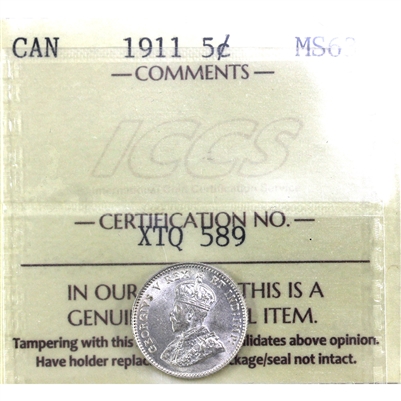 1911 Canada 5-cents ICCS Certified MS-63 (XTQ 589)
