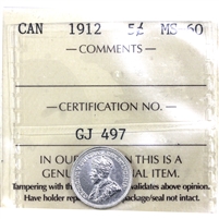 1912 Canada 5-cents ICCS Certified MS-60 (GJ 497)