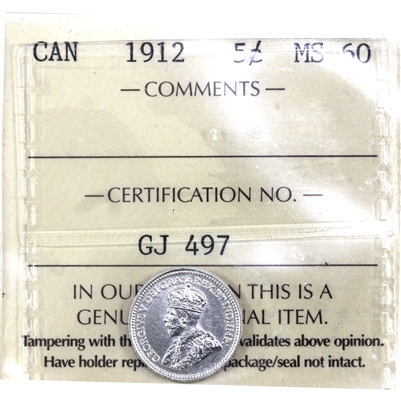 1912 Canada 5-cents ICCS Certified MS-60 (GJ 497)