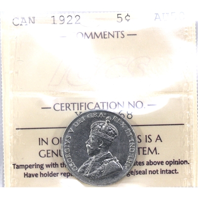 1922 Far Rim Canada 5-cents ICCS Certified AU-50